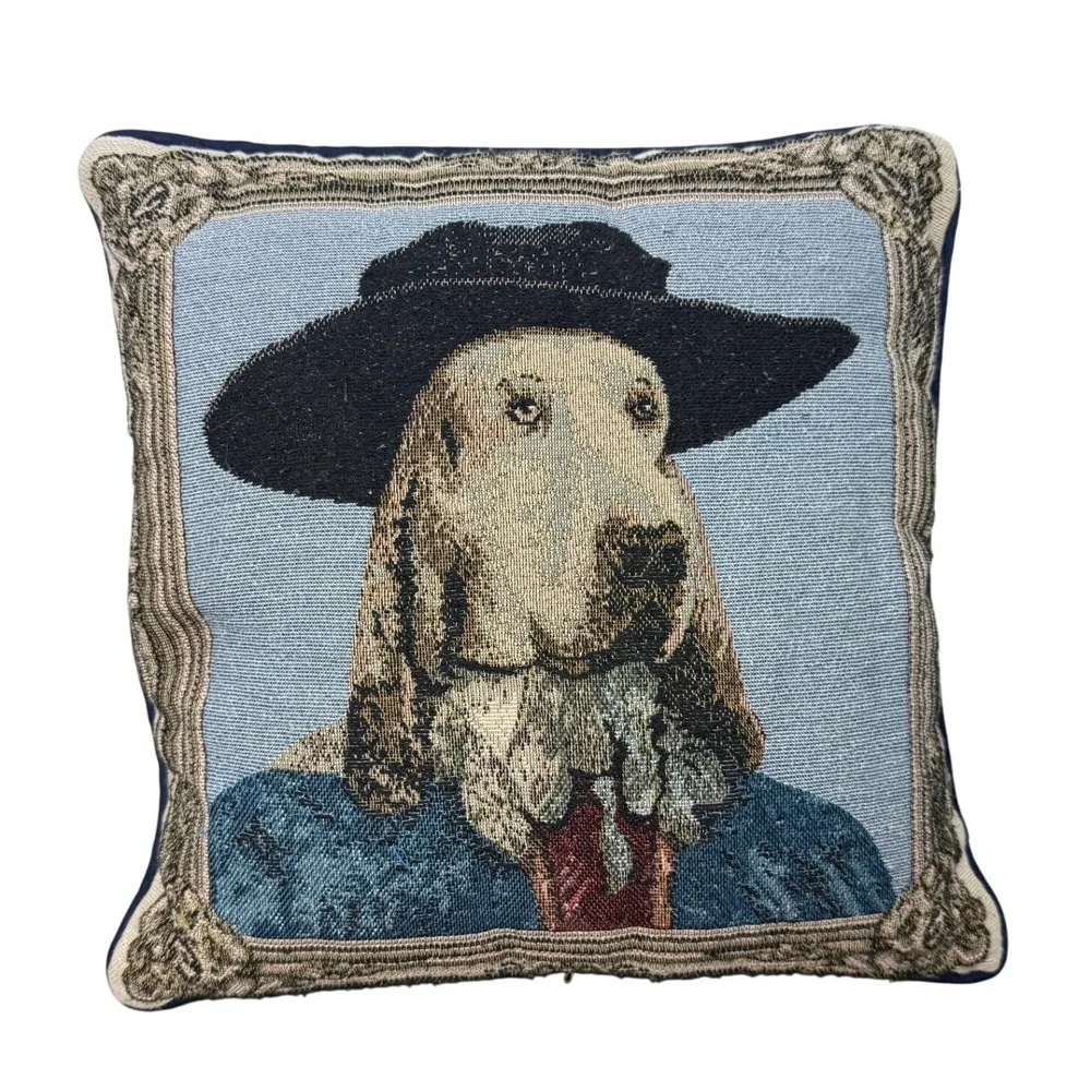 Vintage Whimsical Woven Tapestry Bloodhound Dog Portrait Throw Pillow 15x15 Blue